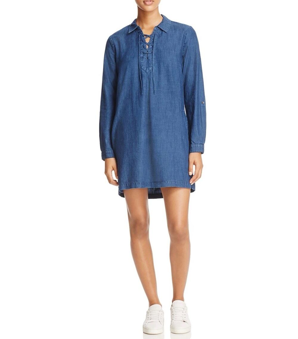 Soft Joie Katiana Denim Chambray Lace Neckline Long Sleeve Shift Dress Size XS